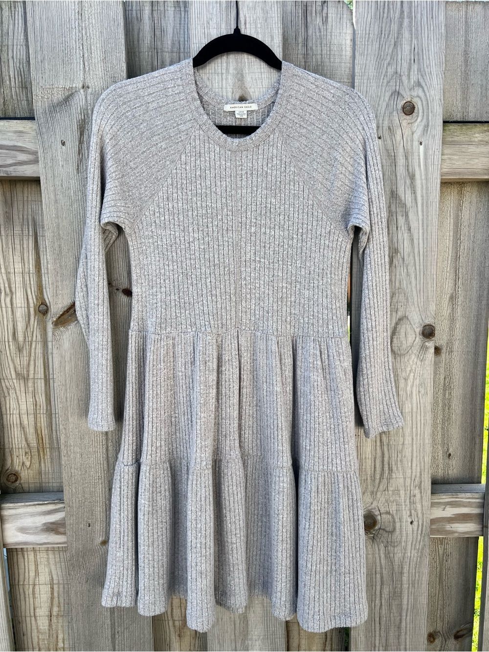 American Eagle Gray Ribbed Knit Tiered Babydoll Mini Sweater Dress Women’s Small